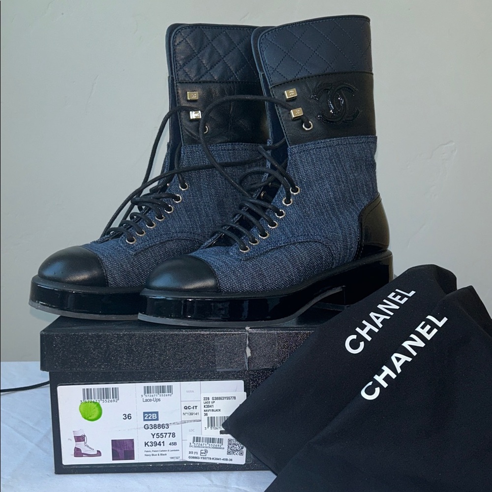 CHANEL Lace Up Dark Blue and Black Quilted Combat Boots